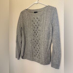 Talbots gray boatneck sweater embellished beaded cable-knit nylon wool blend S
